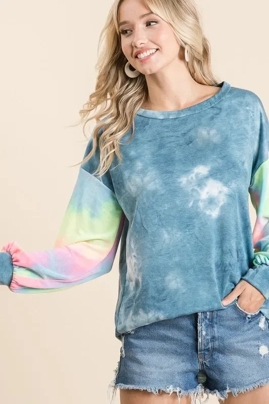 BiBi Tie Dye French Terry Top With Contrast Tie Dye - Trendsi - Flyclothing LLC