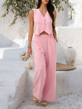 Devine Button Down Vest and Wide Leg Pants Set - Trendsi - Flyclothing LLC