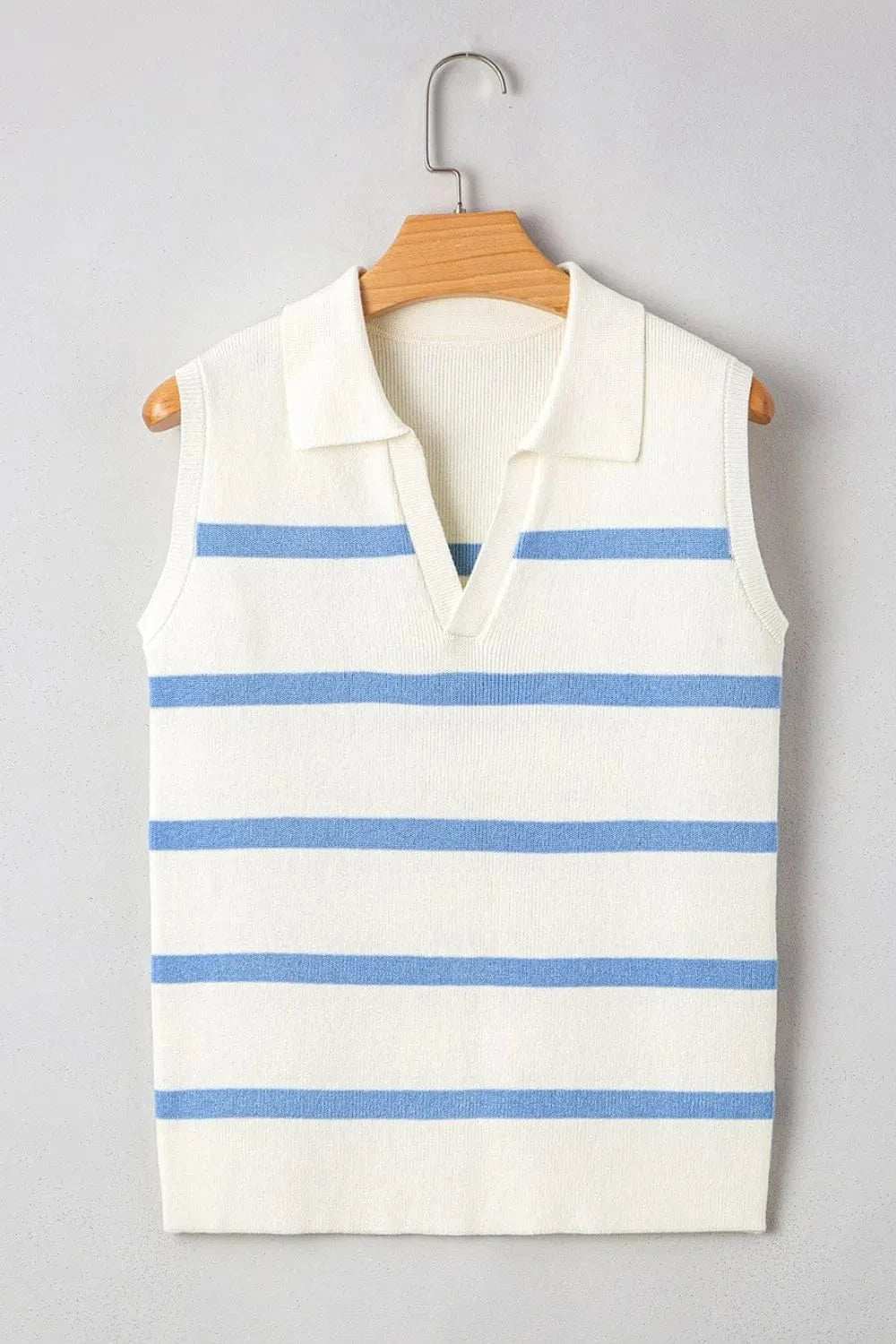 Stripe Split V Neck Collared Ribbed Sweater Vest - Trendsi - Flyclothing LLC