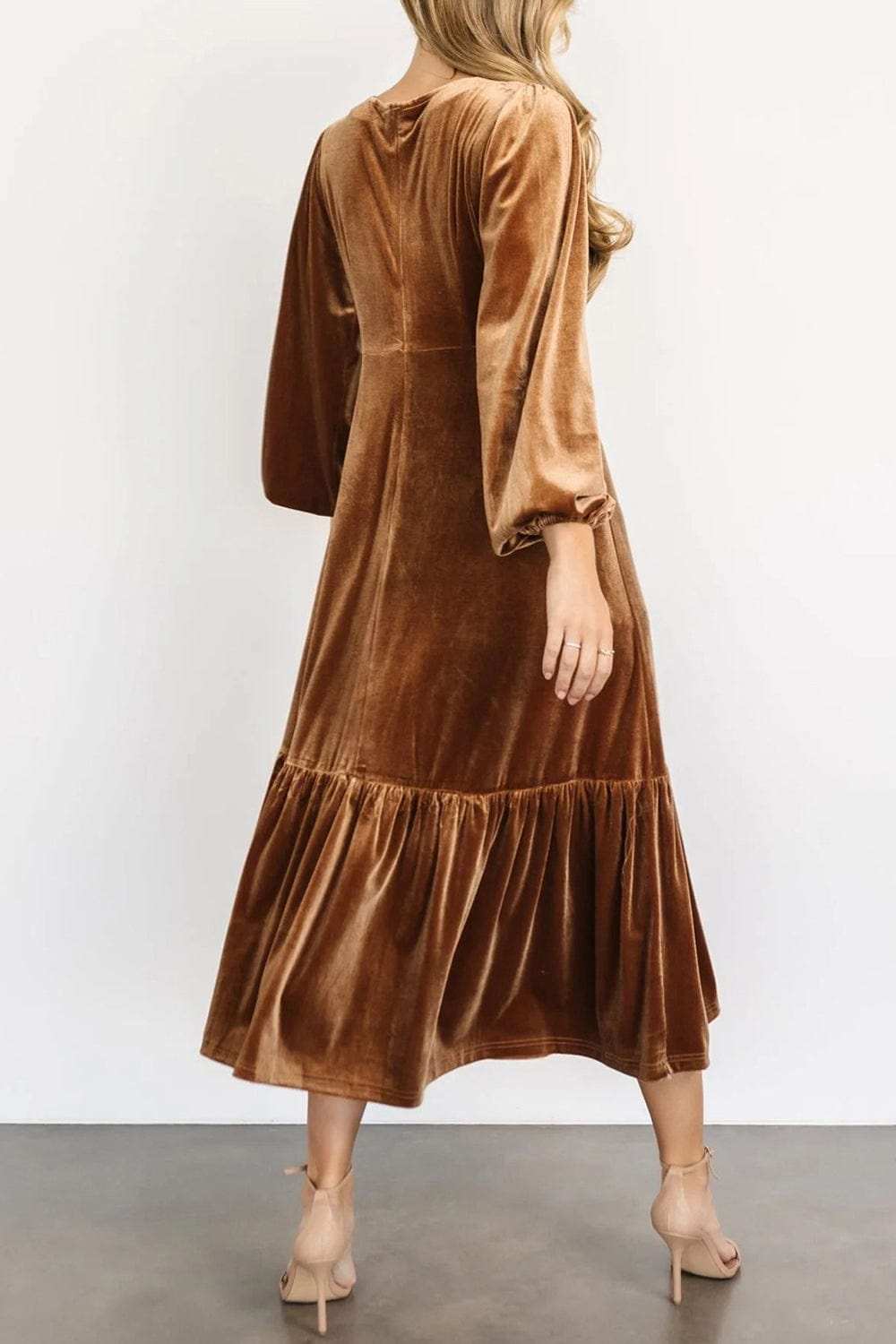 V-Neck Long Sleeve Midi Velvet Dress - Trendsi - Flyclothing LLC