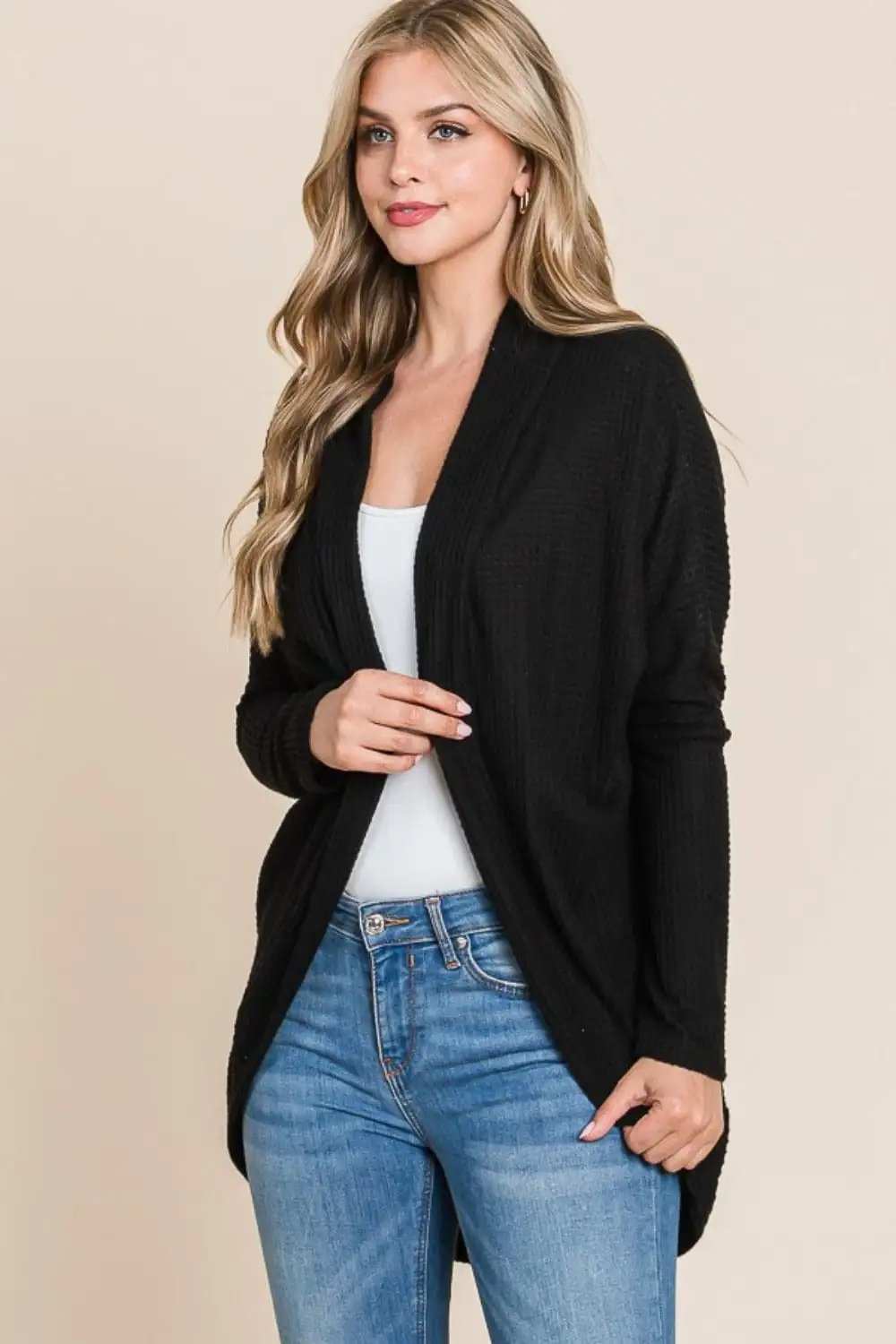 BOMBOM Open Front Waffle Knit Cocoon Cardigan - Trendsi - Flyclothing LLC