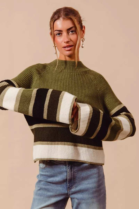 SO ME Multi Color Striped Mock Neck Sweater - Trendsi - Flyclothing LLC