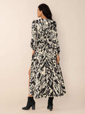 Tied Printed V-Neck Long Sleeve Midi Dress - Trendsi - Flyclothing LLC