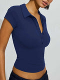 Collared Neck Short Sleeve Top - Trendsi - Flyclothing LLC