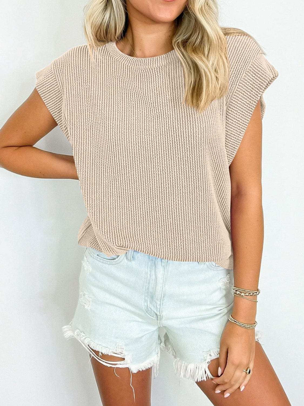 Textured Round Neck Cap Sleeve Blouse - Trendsi - Flyclothing LLC