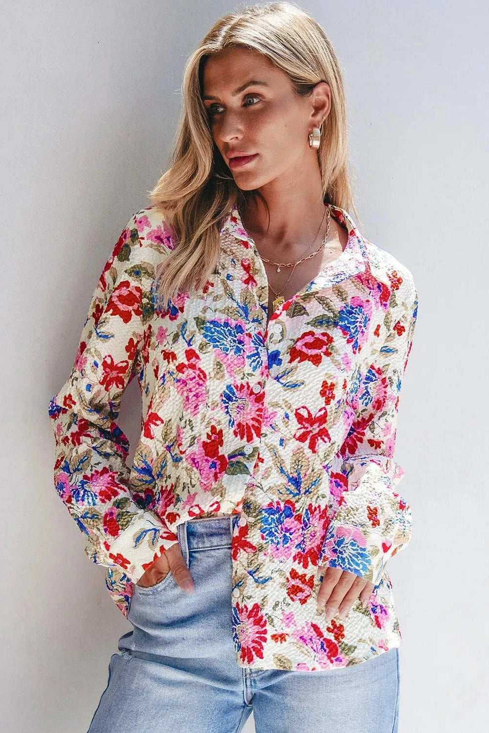 Floral Collared Neck Long Sleeve Shirt - Trendsi - Flyclothing LLC
