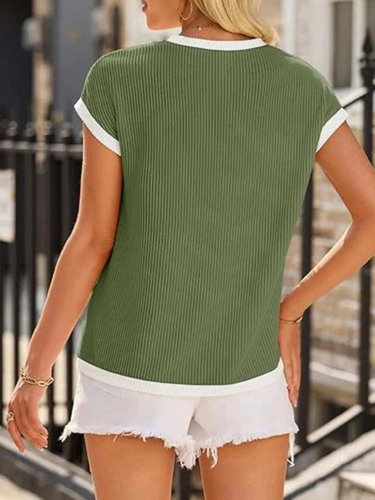 Contrast Trim Round Neck Cap Sleeve Top - Trendsi - Flyclothing LLC