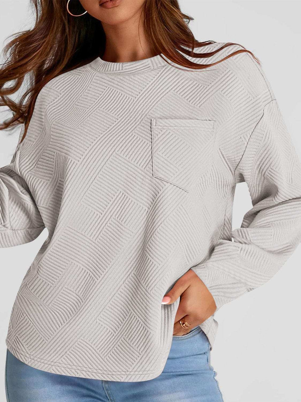 Full Size Texture Round Neck Long Sleeve Sweatshirt - Trendsi - Flyclothing LLC