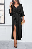 Slit Tied V-Neck Three-Quarter Sleeve Dress - Trendsi - Flyclothing LLC