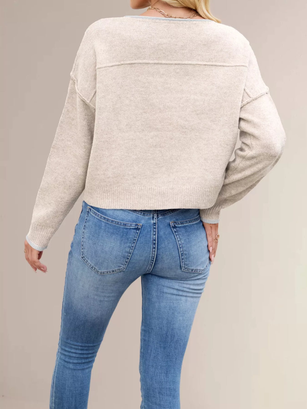 Round Neck Dropped Shoulder Sweater - Trendsi - Flyclothing LLC