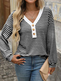 Striped V-Neck Button Front Casual Top - Trendsi - Flyclothing LLC