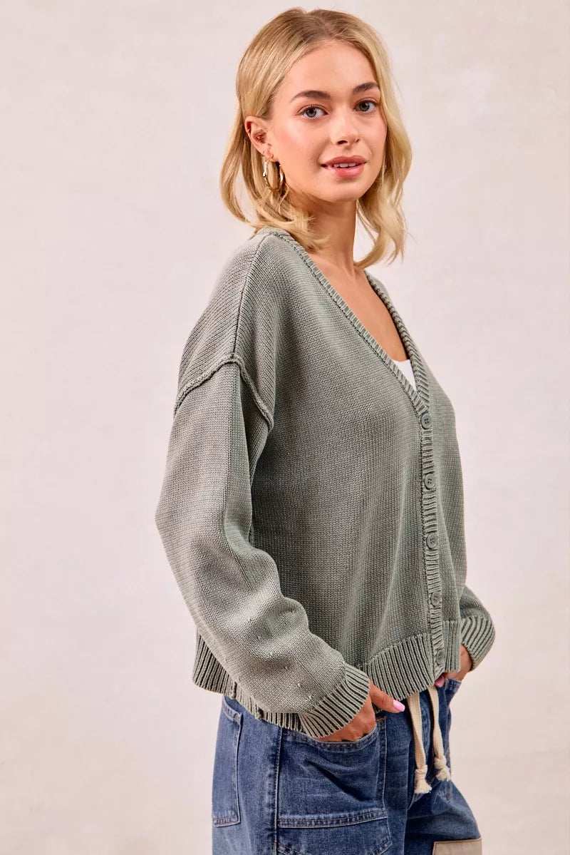 BiBi Washed Sweater V Neck Cardigan - Trendsi - Flyclothing LLC