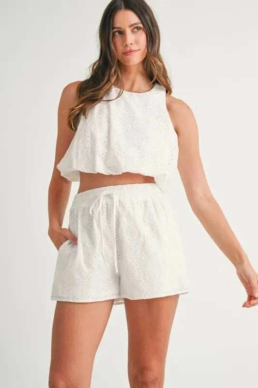 MABLE Eyelet Bubble Hem Sleeveless Top and Shorts Set - Trendsi - Flyclothing LLC