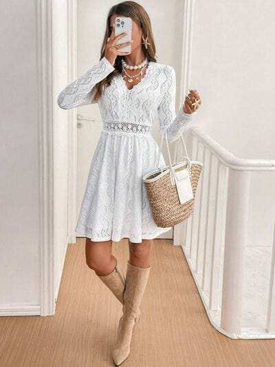 Lace Detail V Neck Long Sleeve Mini Dress - Trendsi - Flyclothing LLC