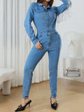 Fringe Half Button Long Sleeve Denim Jumpsuit - Trendsi - Flyclothing LLC