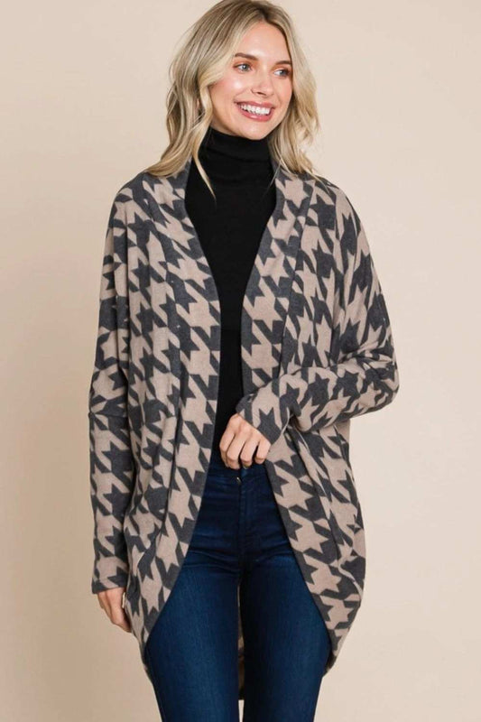 BOMBOM Houndstooth Open Front Cocoon Knit Cardigan - Trendsi - Flyclothing LLC