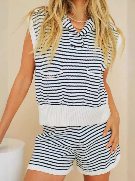 Striped Cap Sleeve Top and Shorts Sweater Set - Trendsi - Flyclothing LLC