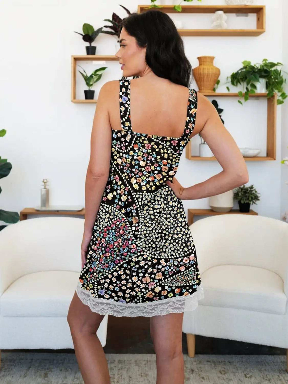 Lace Detail Printed Wide Strap Mini Dress - Trendsi - Flyclothing LLC