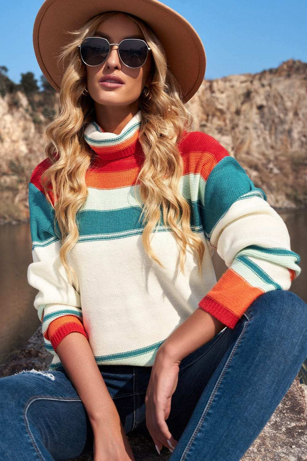 Contrast Striped Turtleneck Dropped Shoulder Sweater - Trendsi - Flyclothing LLC