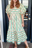 Striped Floral Print Tie Neck Puff Sleeve Midi Dress - Trendsi - Flyclothing LLC