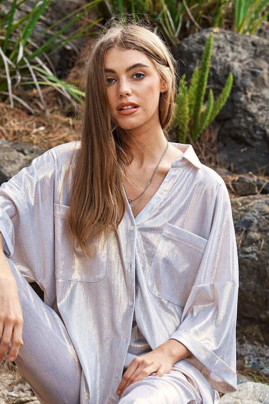 Davi & Dani Solid Sparkling Shimmer Pocket Button Front Shirt - Trendsi - Flyclothing LLC
