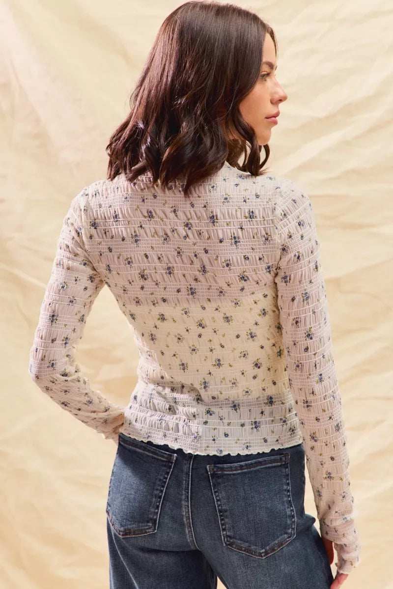 SO ME Floral Print Textured Long Sleeve Knit Top - Trendsi - Flyclothing LLC