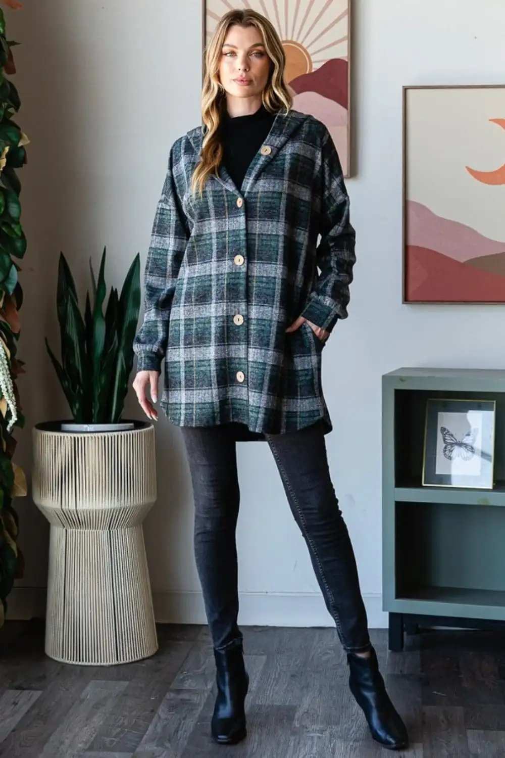 Heimish Plaid Button Down Long Sleeve Hooded Cardigan - Trendsi - Flyclothing LLC