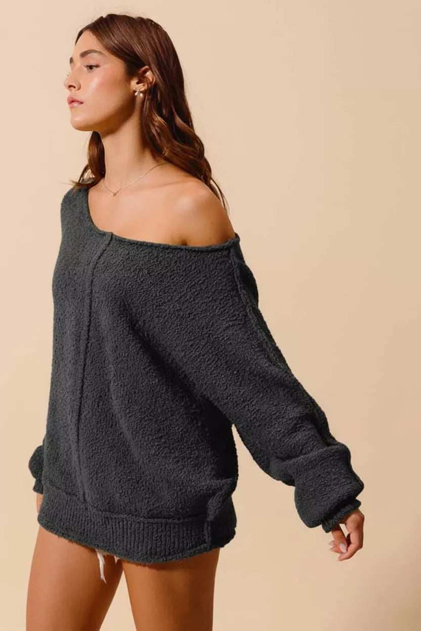 SO ME Loose Fit Exposed Seam Slouchy Boucle Sweater - Trendsi - Flyclothing LLC