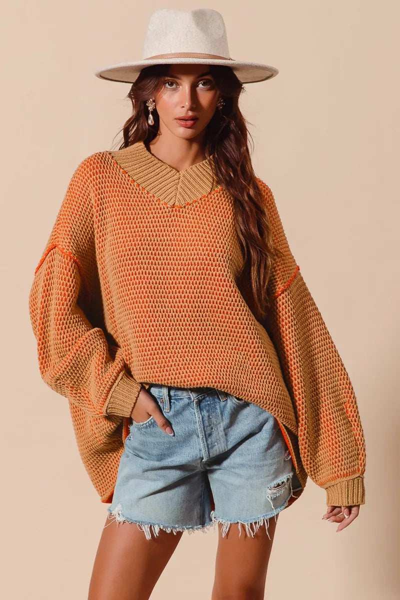 SO ME Oversized Two Tone Textured V Neck Sweater - Trendsi - Flyclothing LLC