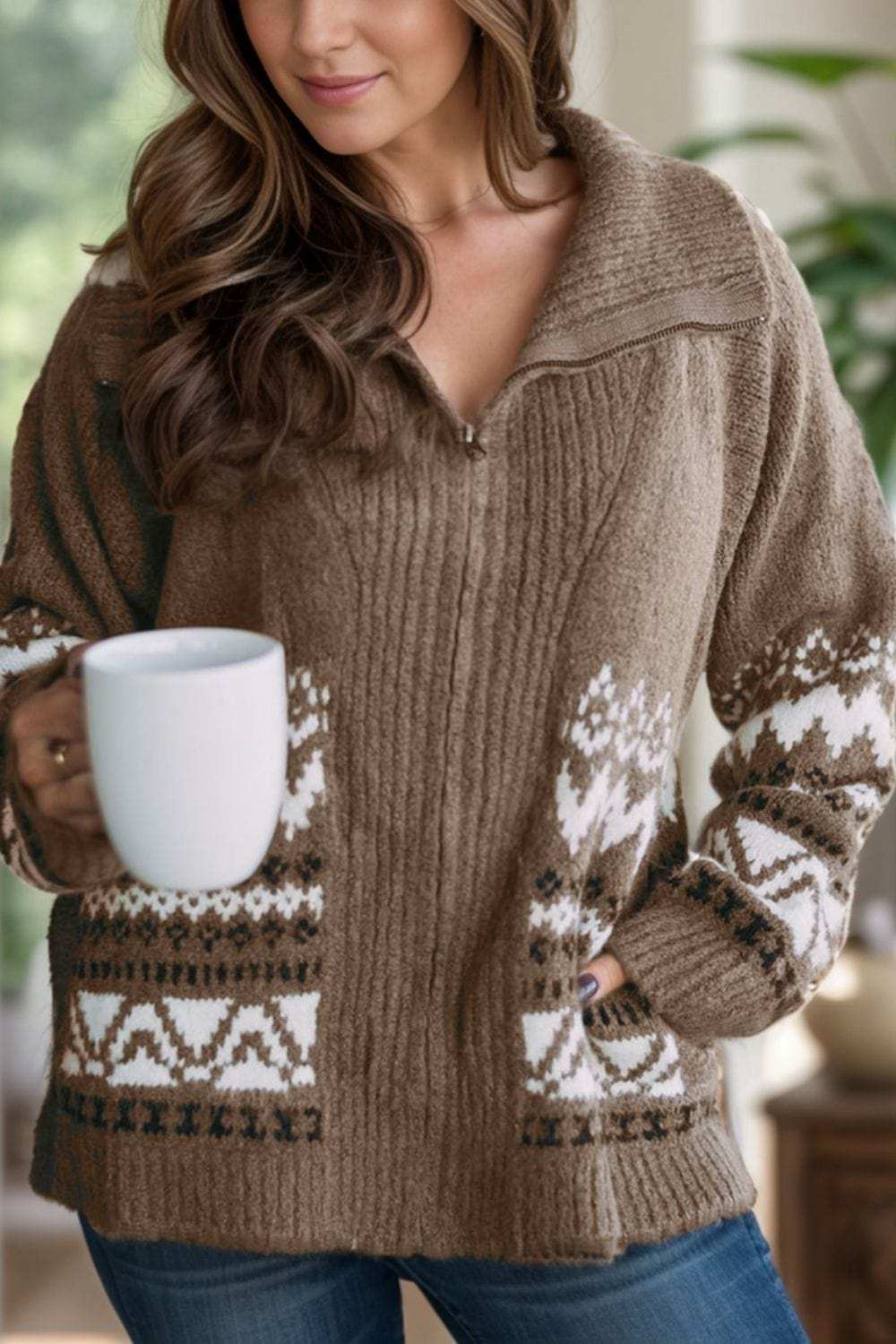 Zip Up Long Sleeve Geometric Cardigan - Trendsi - Flyclothing LLC