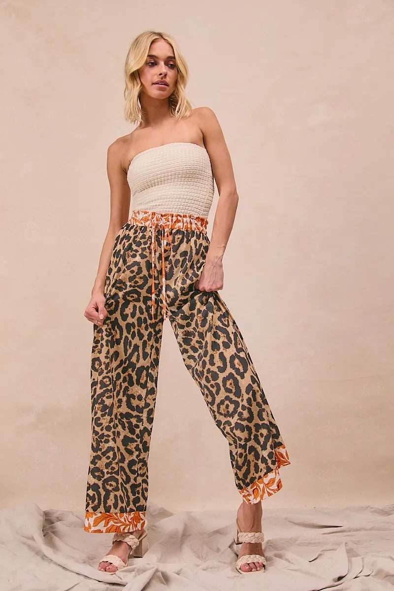 BiBi Leopard Print With Contrast Banded Wide Pants - Trendsi - Flyclothing LLC