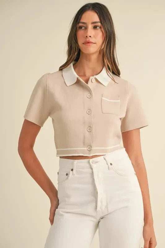 MABLE Button Down Contrast Collared Knit Cardigan - Trendsi - Flyclothing LLC