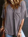 Textured V-Neck Half Sleeve T-Shirt - Trendsi - Flyclothing LLC