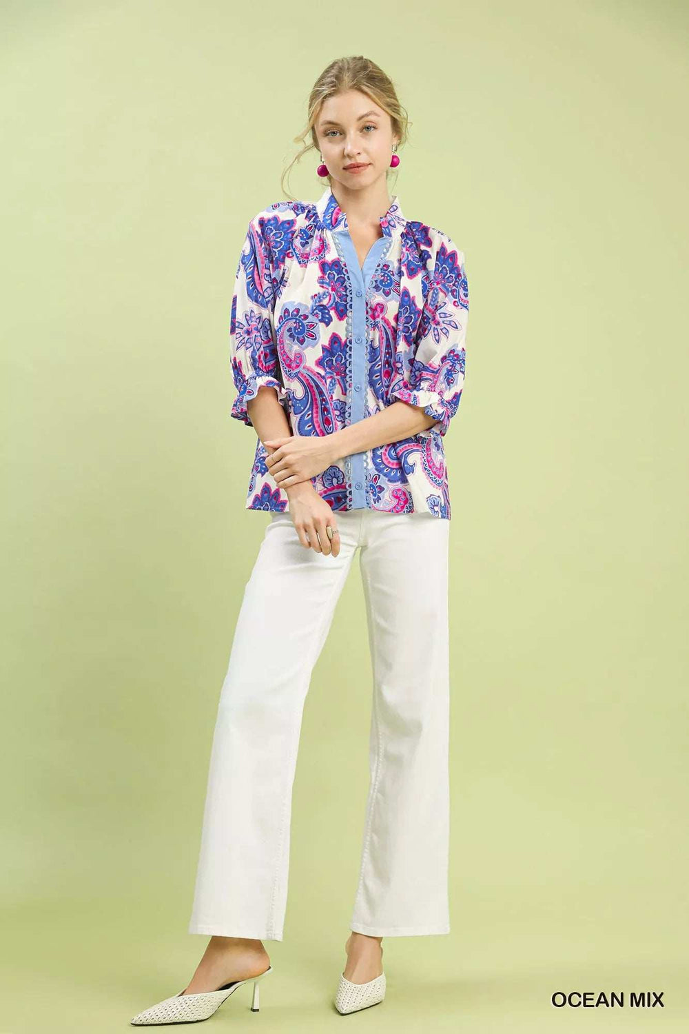 Umgee Paisley Print Button Front Blouse with Scallop Trim Detail - Trendsi - Flyclothing LLC