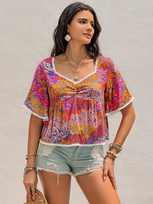 Ruched Printed Half Sleeve Blouse - Trendsi - Flyclothing LLC