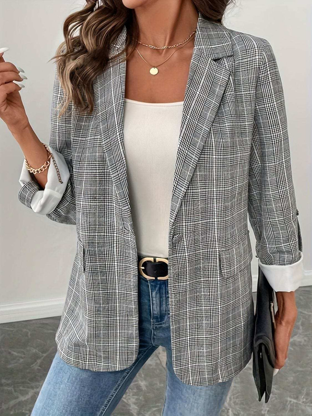 Single-Breasted Lapel Collar Plaid Blazer - Trendsi - Flyclothing LLC
