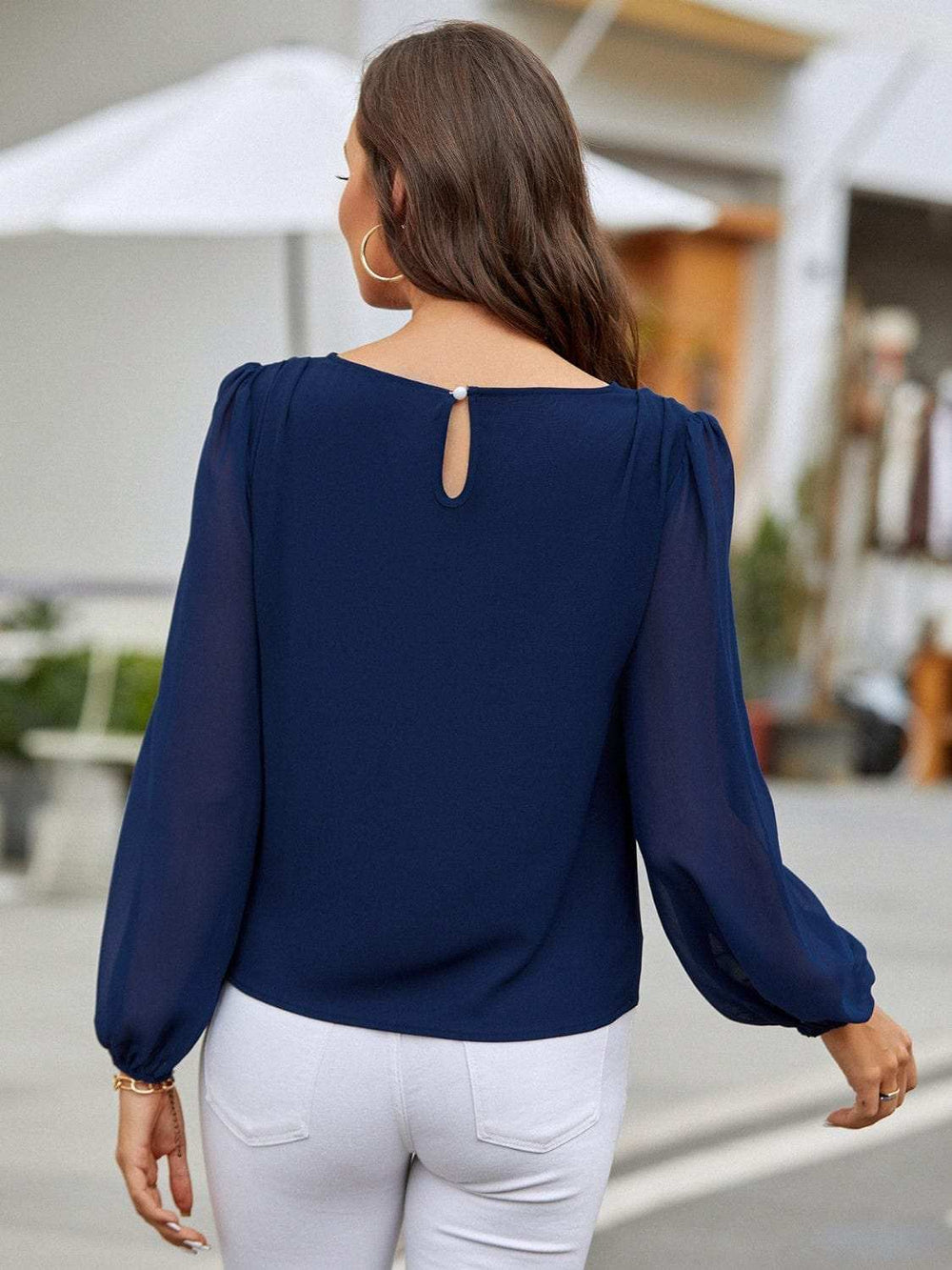 Round Neck Balloon Sleeve Blouse - Trendsi - Flyclothing LLC