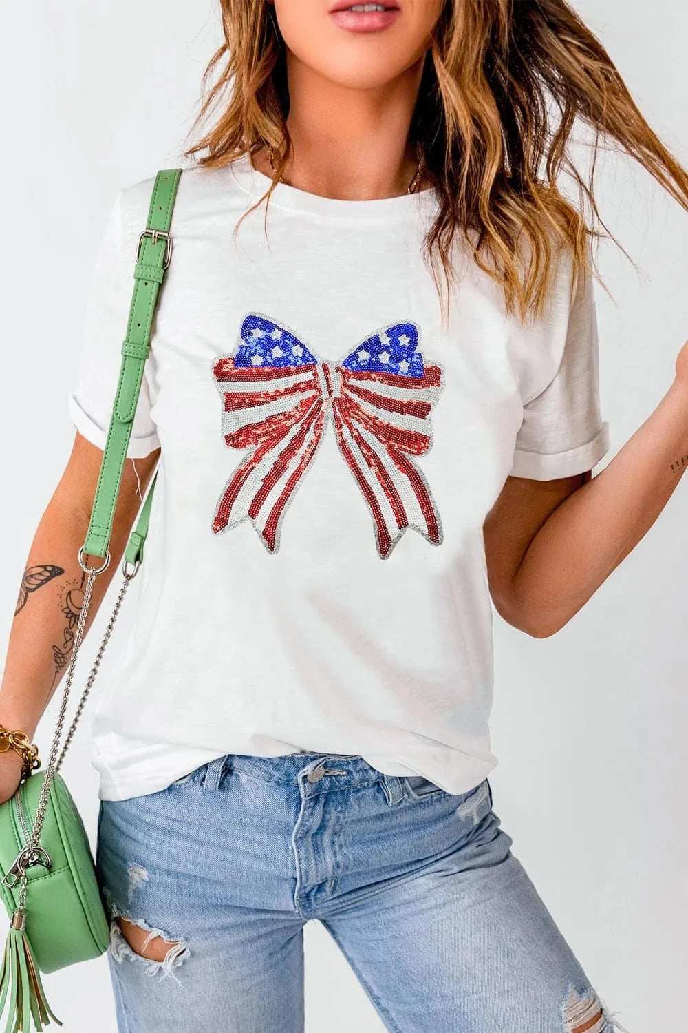 USA Flag Bow Knot Patched Crew Neck T Shirt - Trendsi - Flyclothing LLC