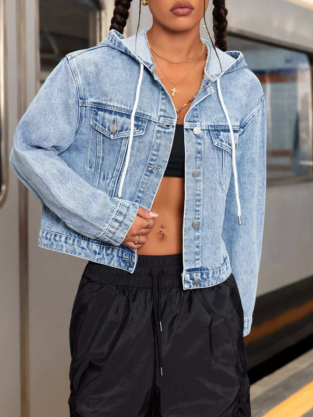 Hooded Drawstring Cropped Denim Jacket - Trendsi - Flyclothing LLC
