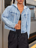 Hooded Drawstring Cropped Denim Jacket - Trendsi - Flyclothing LLC