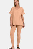 Zenana Full Size V-Neck Rolled Short Sleeve T-Shirt and Leggings Lounge Set - Trendsi - Flyclothing LLC