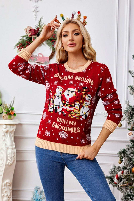 Christmas Pattern Round Neck Long Sleeve Sweater - Trendsi - Flyclothing LLC