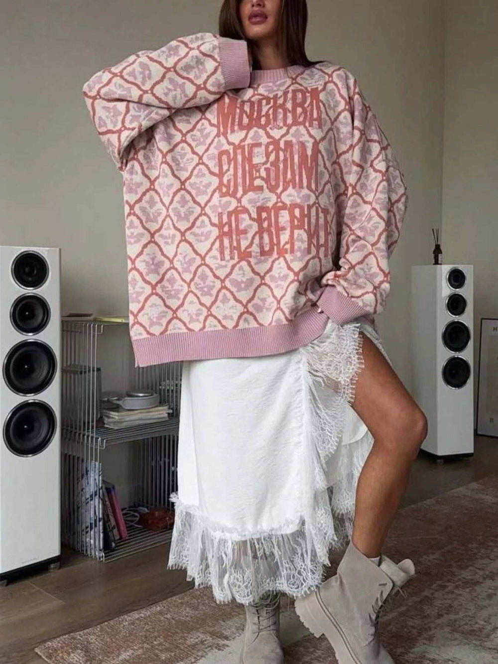 Letter Round Neck Long Sleeve Sweater - Trendsi - Flyclothing LLC