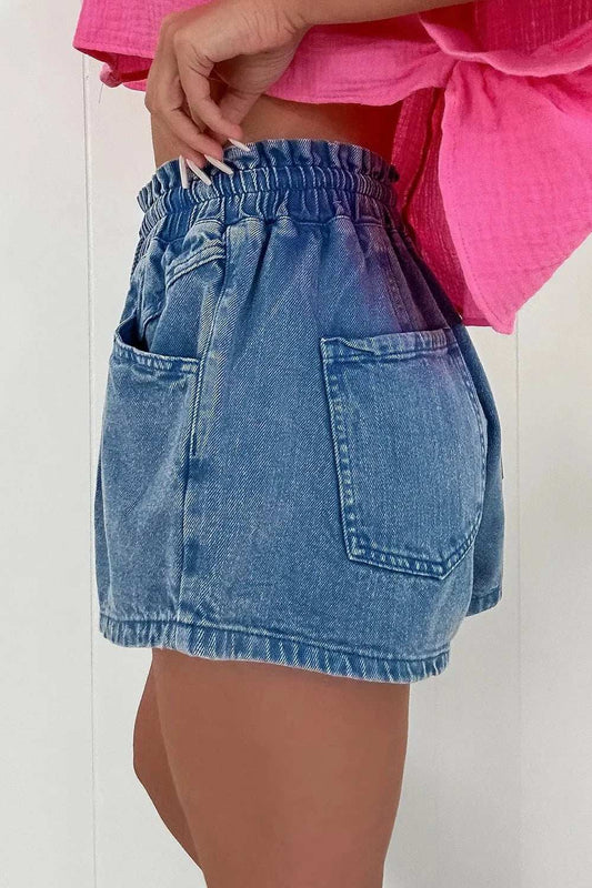 Drawstring High Waist Denim Shorts with Pockets - Trendsi - Flyclothing LLC