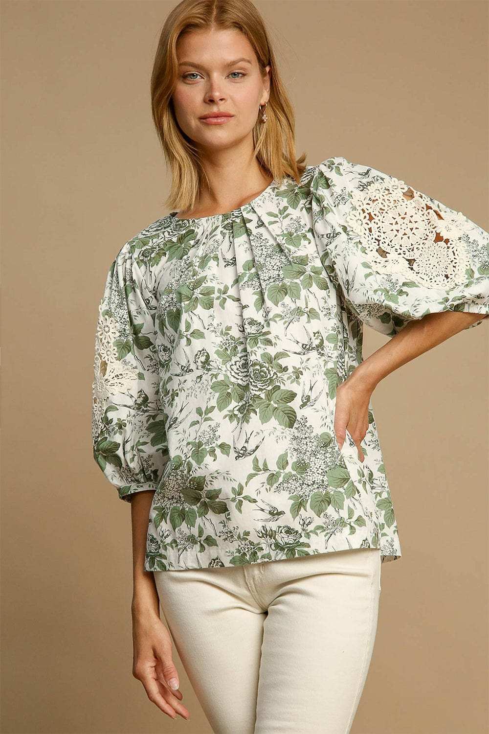 Umgee Floral Pleated Detail Lace Trim Sleeve Blouse - Trendsi - Flyclothing LLC