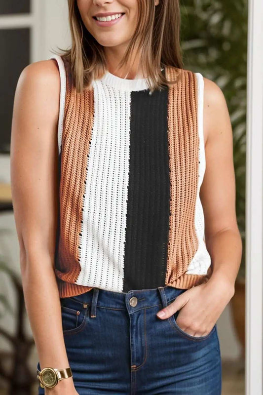 Color Block Round Neck Sweater Vest - Trendsi - Flyclothing LLC