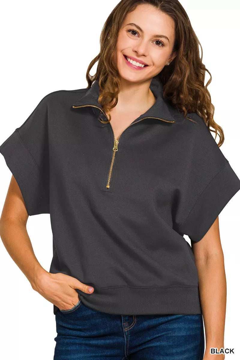 Zenana Full Size Scuba High Neck Half Zip Short Sleeve Top Plus Size - Trendsi - Flyclothing LLC
