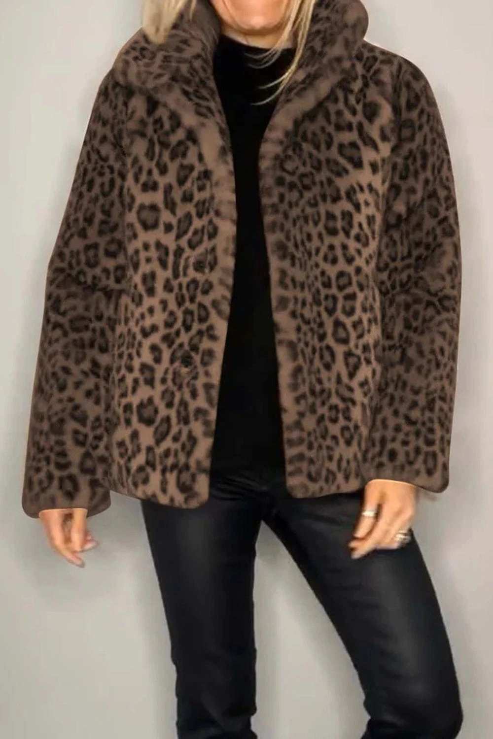 Full Size Leopard Furry Collared Neck Long Sleeve Coat - Trendsi - Flyclothing LLC