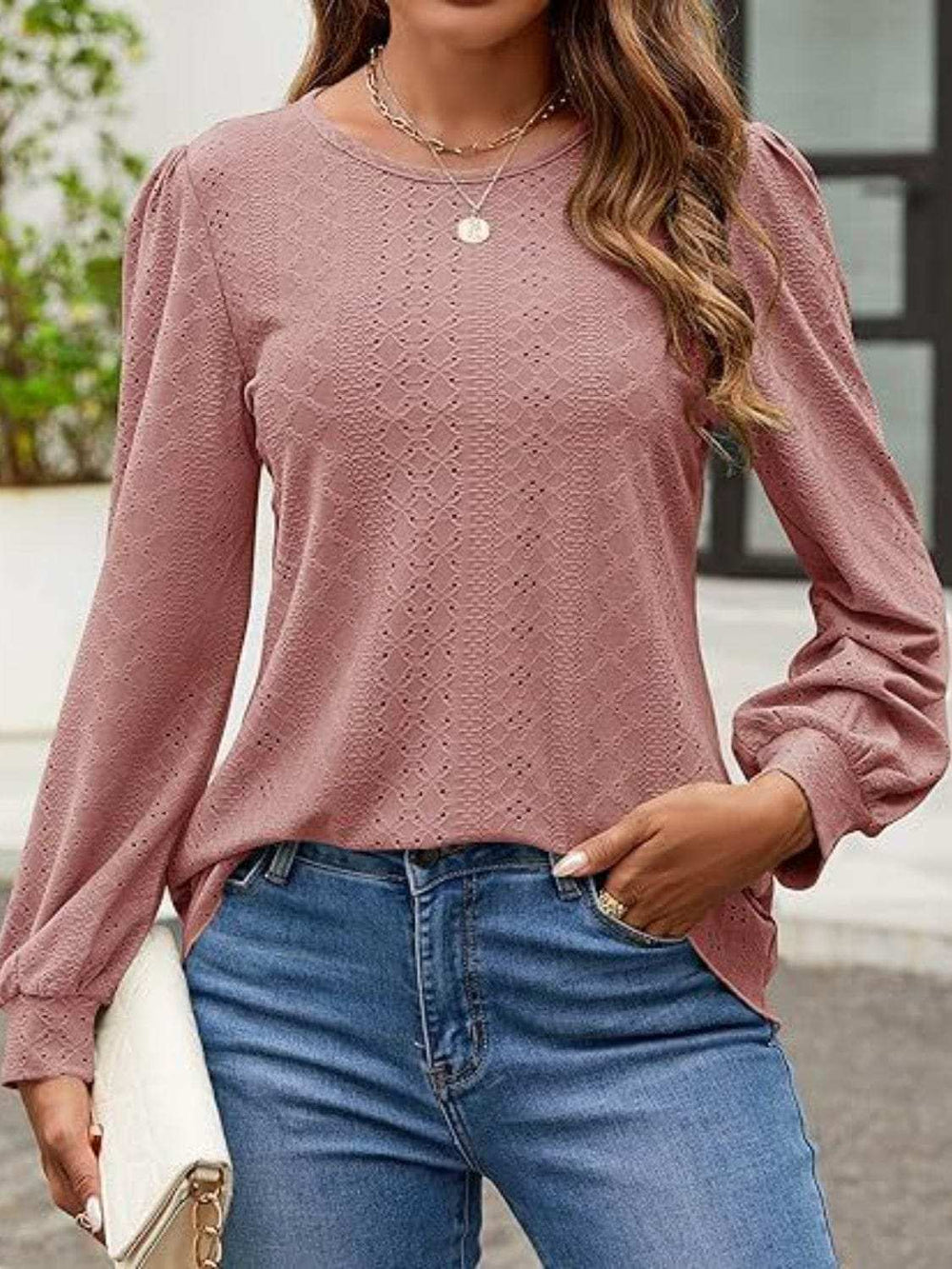 Eyelet Round Neck Long Sleeve Top - Trendsi - Flyclothing LLC