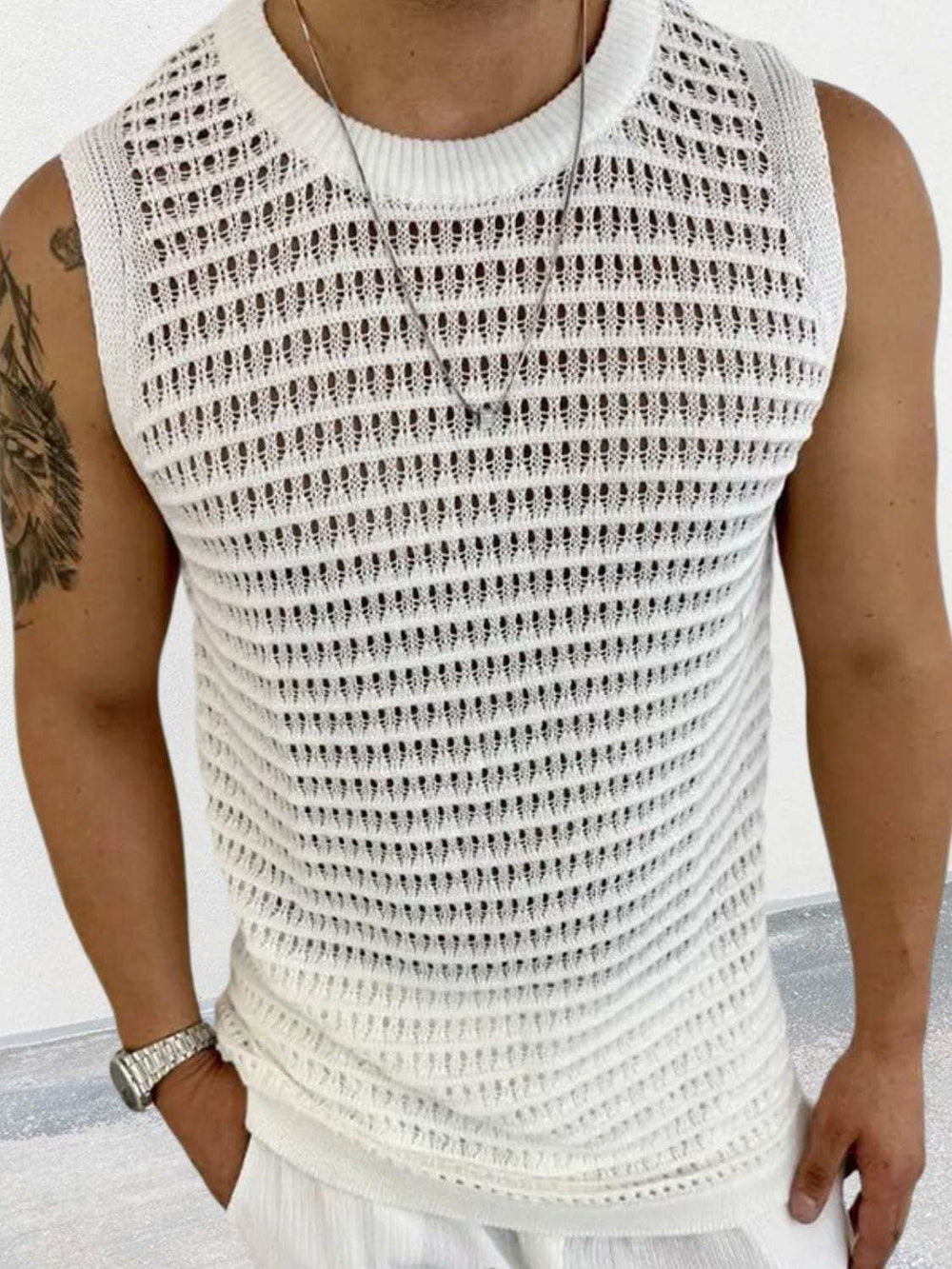 Men's Round Neck Hollow Out Sleeveless Knit Top - Trendsi - Flyclothing LLC